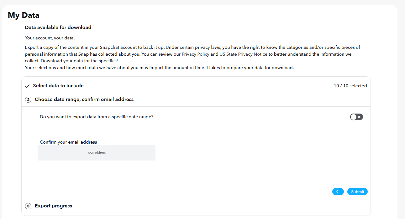 Stage 2 of the Snapchat export, with the date range toggle switched off and an email address field below it.