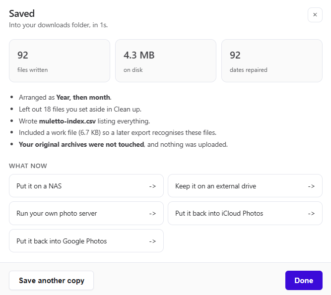 The export summary: 92 files written, 4.3 MB on disk, 92 dates repaired, and links to guides for moving the library onto a NAS or drive.